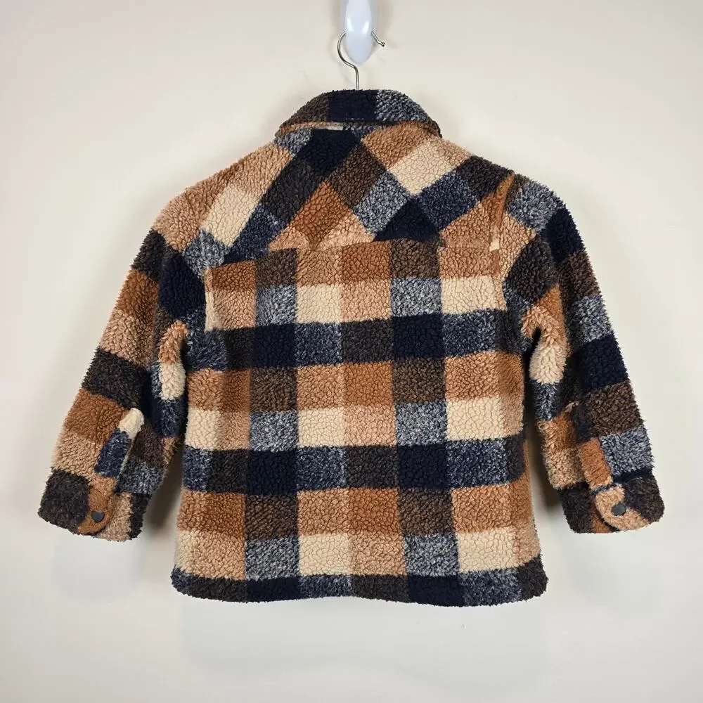Zara Fleece Overshirt Size 6/7 Brown Navy Sherpa Snap Pockets Lined